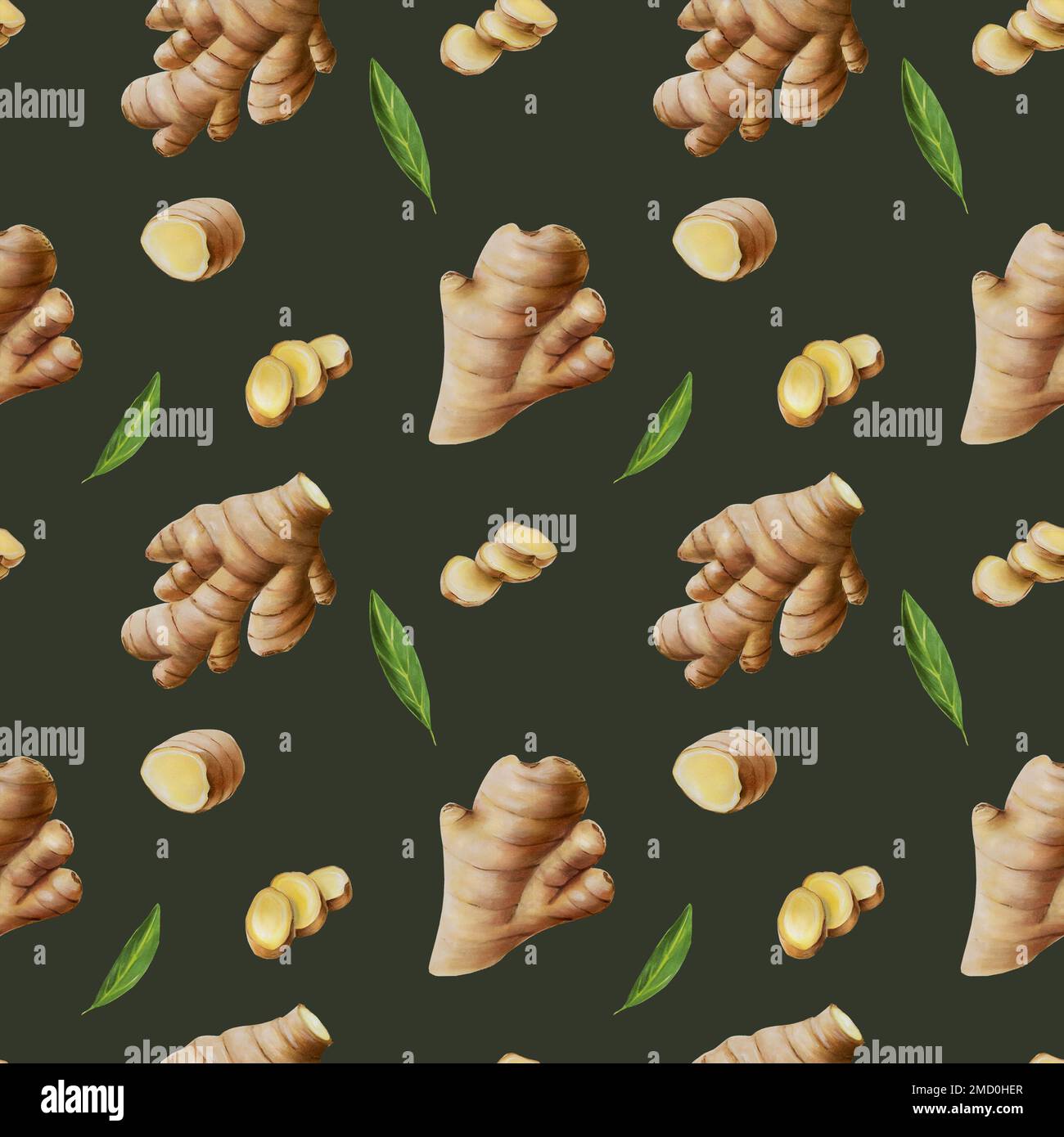 Watercolor seamless pattern with ginger. Includes ginger root and leafs ...