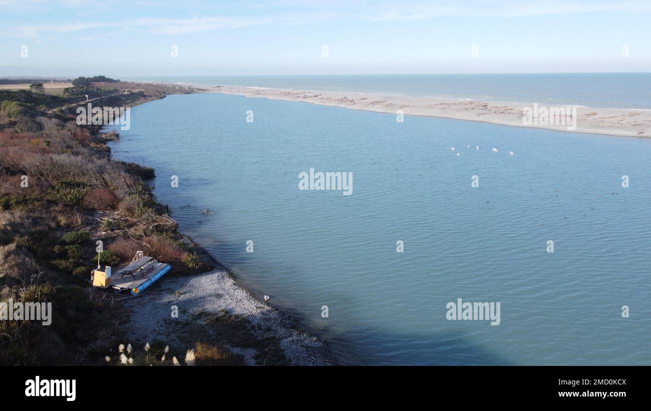 An aerial view of the coast of an ocean covered with green plants on a ...