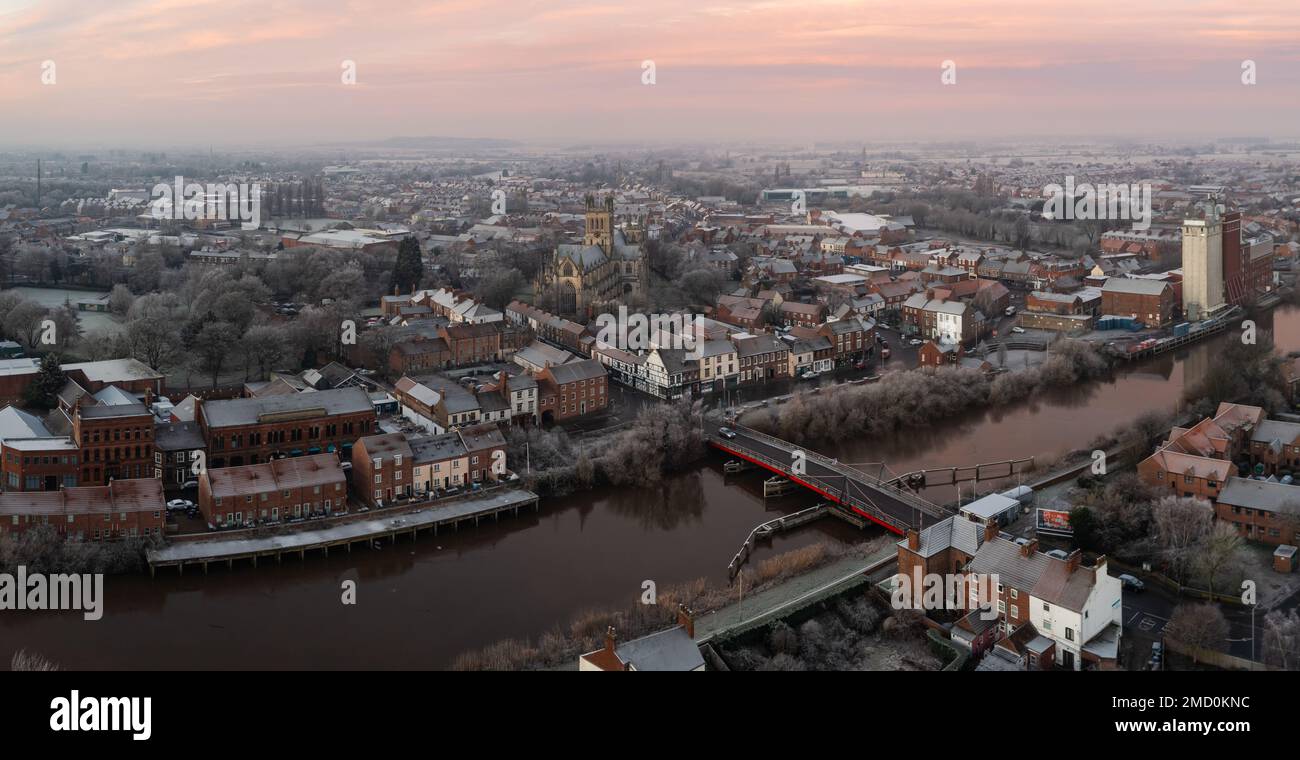 An aerial view of the North Yorkshire market town of Selby with bridge over the River Ouse and industrial buildings Stock Photo