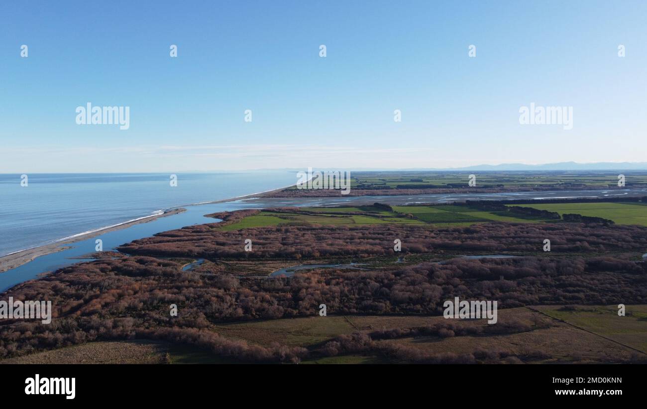 An aerial view of the coast of an ocean covered with green plants on a ...