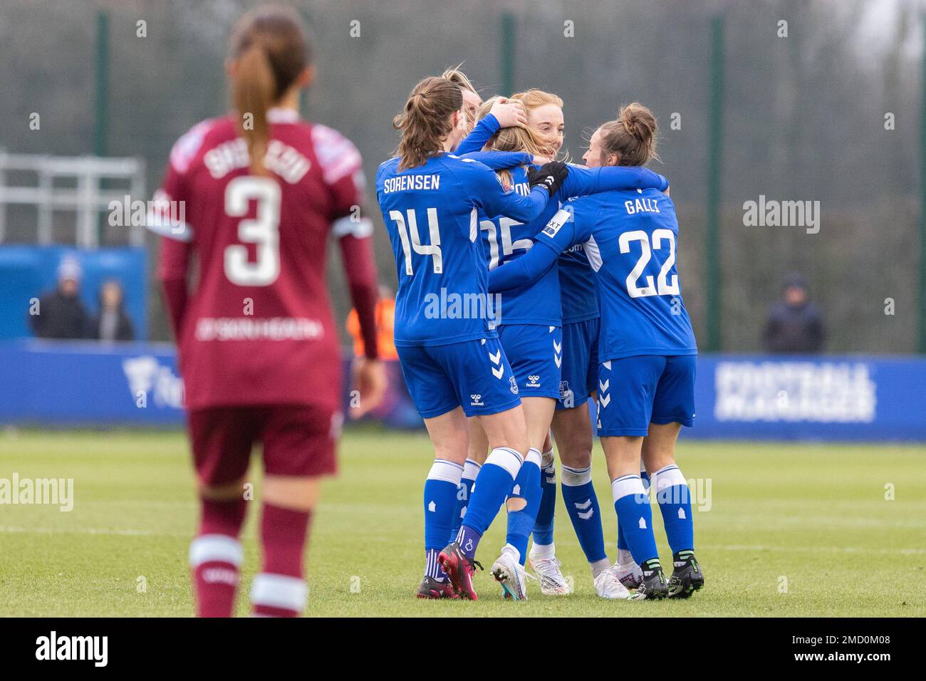 Liverpool, UK. 22nd Jan 2023. Agnes Beever-Jones of Everton Women celebrates her goal to make it 3-0 during the The Fa Women's Super League match between Everton Women and West Ham Women at Walton Hall Park, Liverpool, United Kingdom, 22nd January 2023  (Photo by Phil Bryan/Alamy Live News) Stock Photo