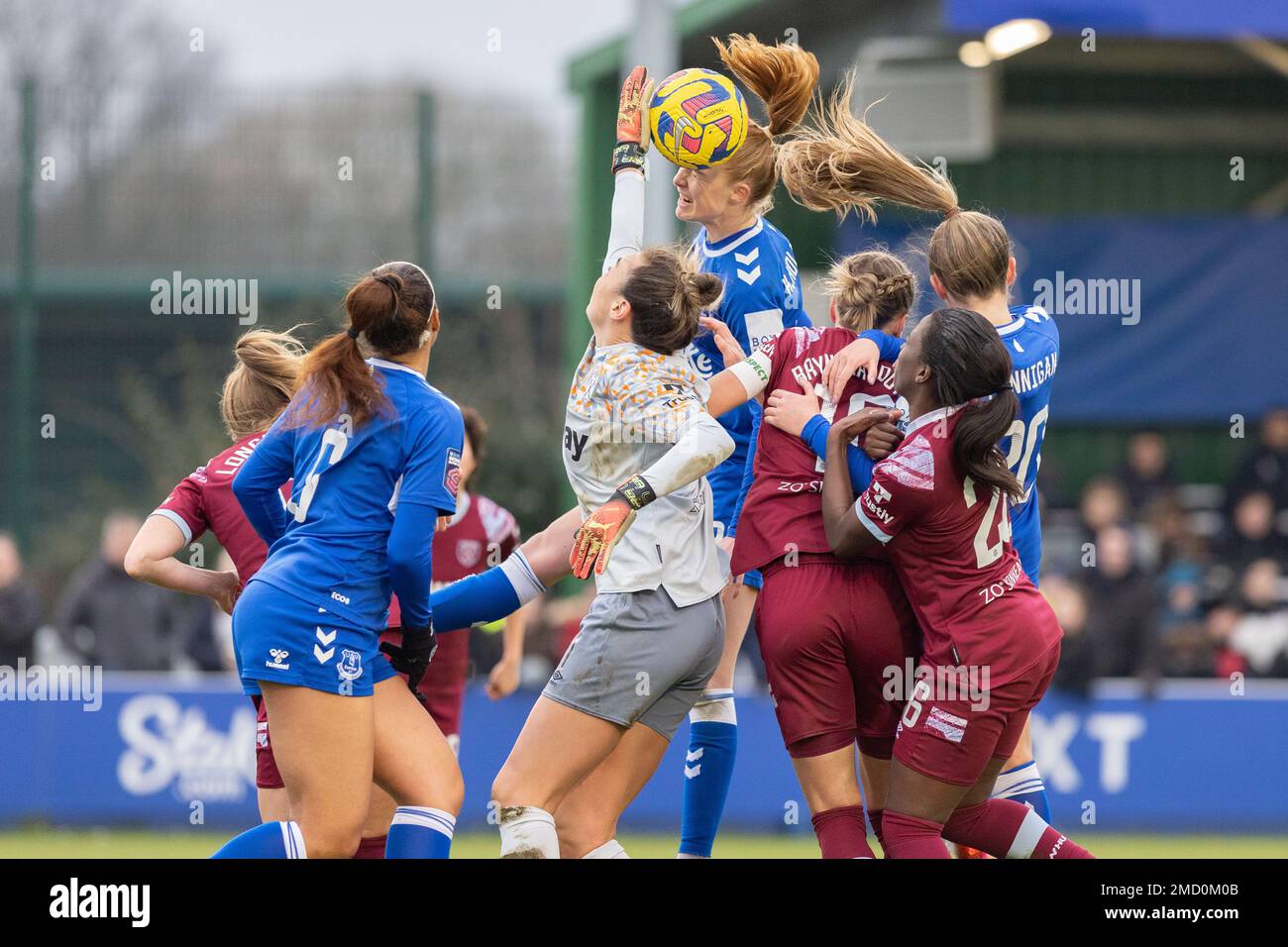 Liverpool, UK. 22nd Jan 2023. Karen Holmgaard of Everton Women wins a header during the The Fa Women's Super League match between Everton Women and West Ham Women at Walton Hall Park, Liverpool, United Kingdom, 22nd January 2023  (Photo by Phil Bryan/Alamy Live News) Stock Photo