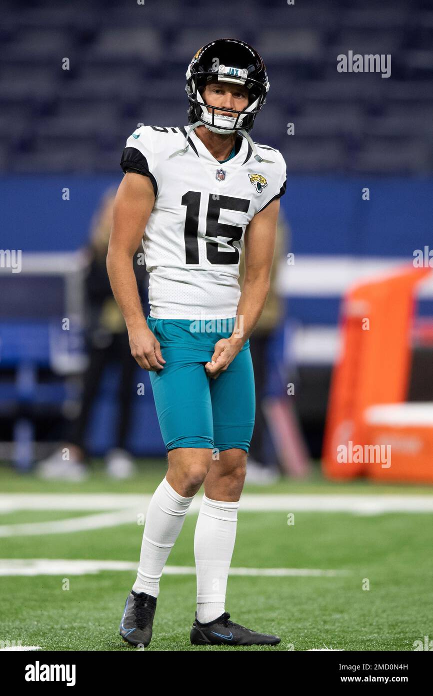 Jacksonville Jaguars kicker Matthew Wright (15) warms up on the field