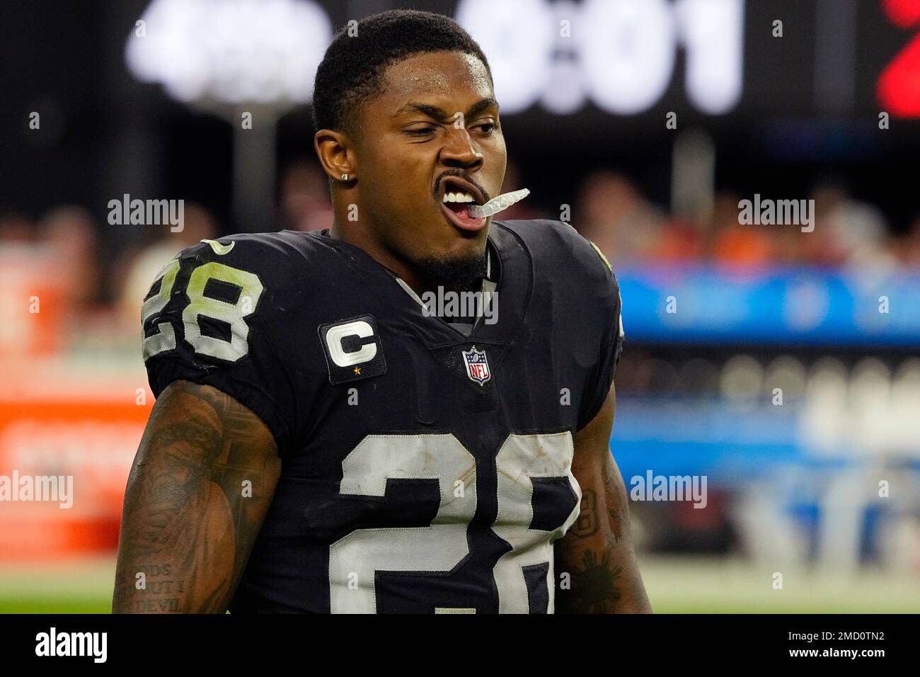 Las Vegas Raiders running back Josh Jacobs (28) walks off the field after  training camp on Wednesday, Aug 18, 2021, in Thousand Oaks, Calif. (Dylan  St Stock Photo - Alamy