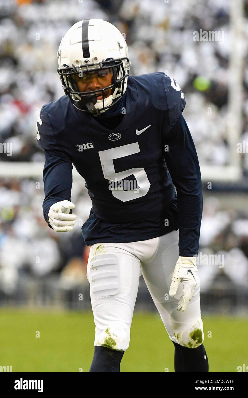 Penn State wide receiver Jahan Dotson (5) lines up against