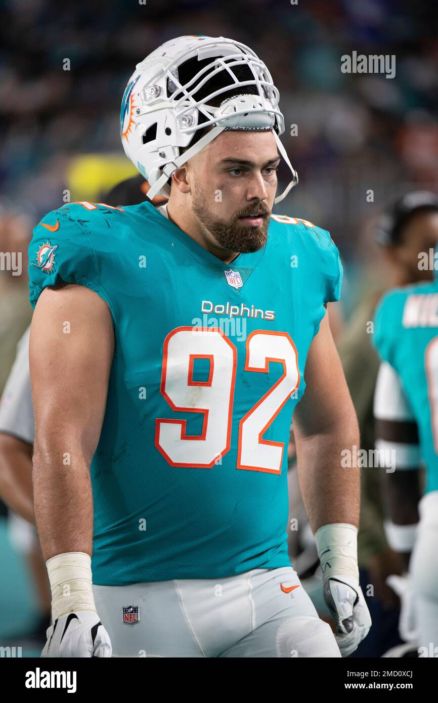 Miami Dolphins defensive tackle Zach Sieler (92) walks on the sidelines  during an NFL football game against the Baltimore Ravens, Thursday Nov. 11,  2021, in Miami Gardens, Fla. (AP Photo/Doug Murray Stock