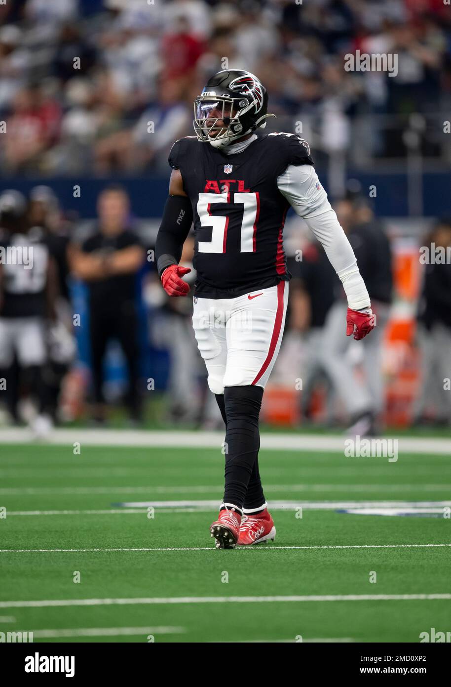 Atlanta Falcons outside linebacker Brandon Copeland (51) lines up during  the first half of an NFL football game against the New England Patriots,  Thursday, Nov. 18, 2021, in Atlanta. The New England