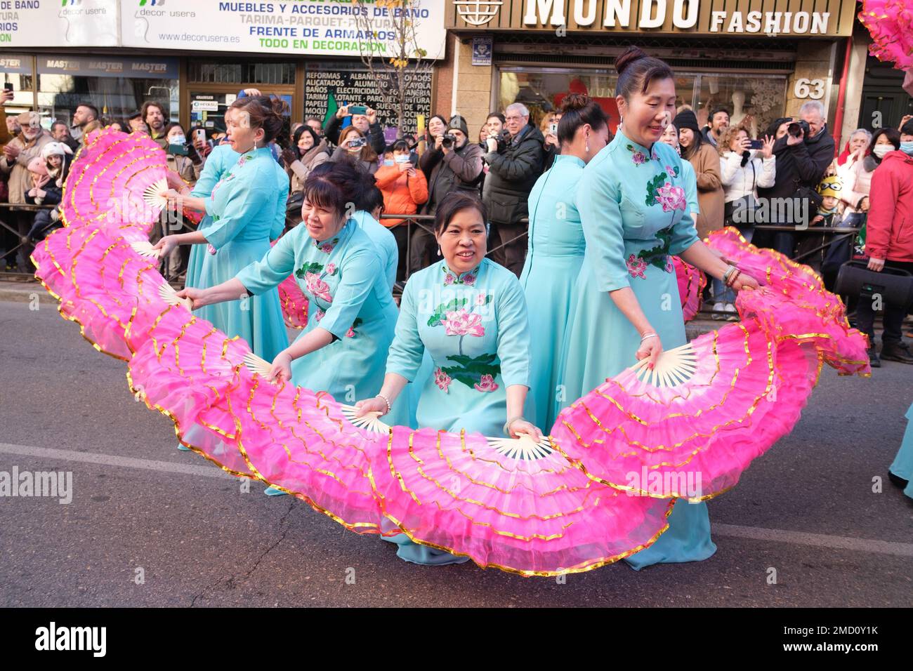 Several women of Chinese origin dressed in traditional costume dance during  the Chinese New Year parade celebration in Madrid. With more than 4,000  years of antiquity, it is the most important festivity of the Asian country  and this year the protagonist will ...
