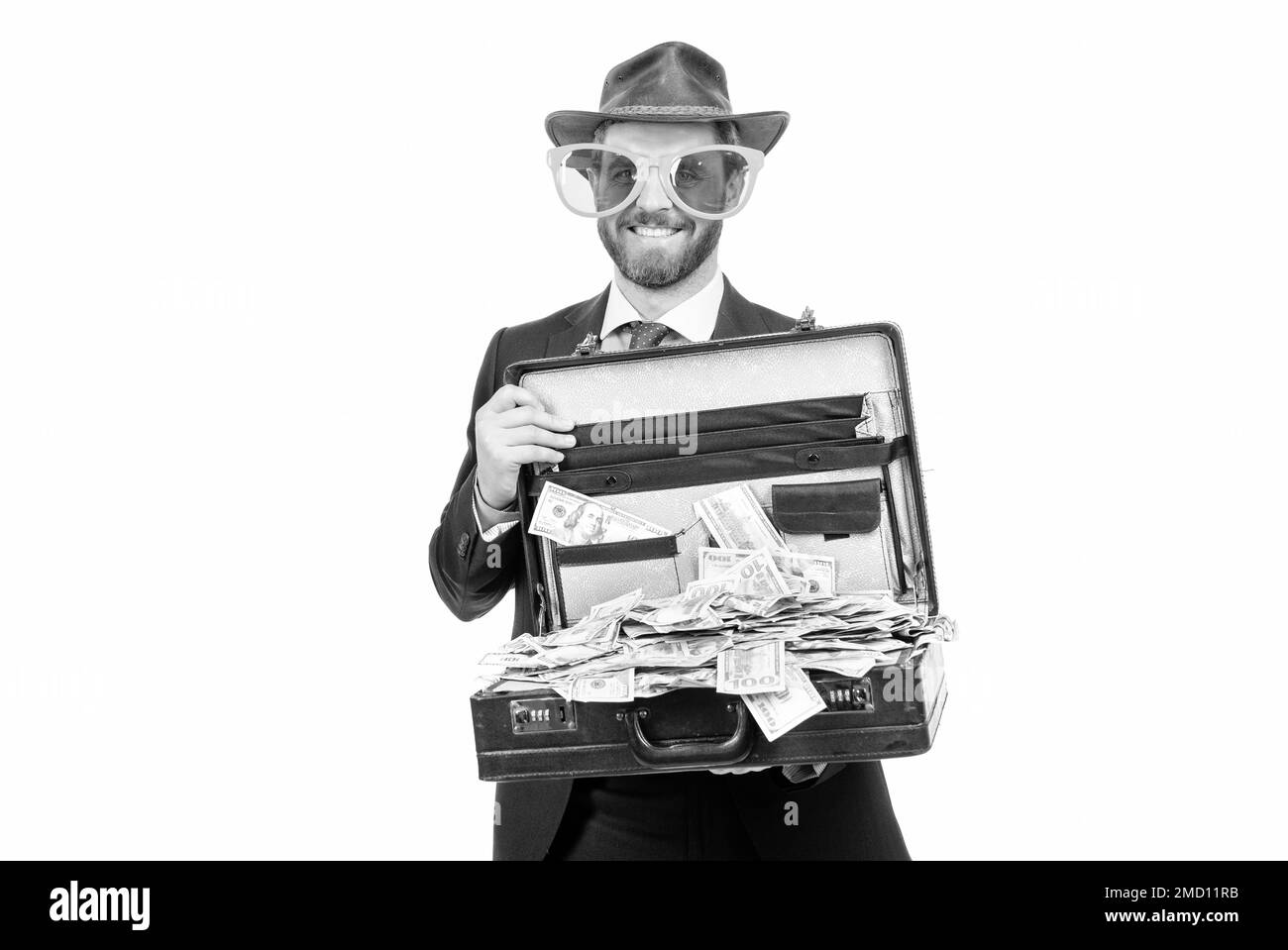 Get a million dollars. Rich man. Businessman hold suitcase with cash money. Win cash prize Stock Photo