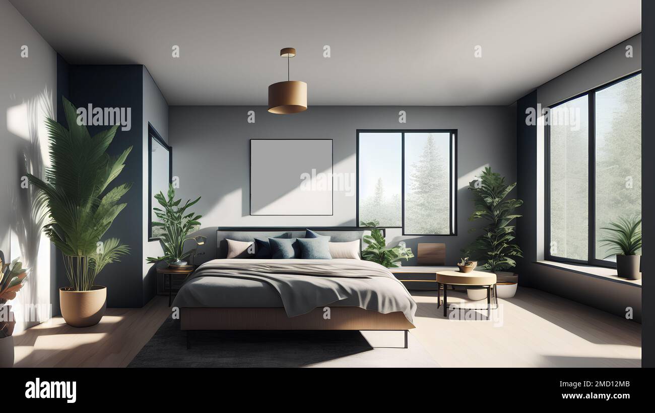 Modern bedroom interior with simple design bed and poster template