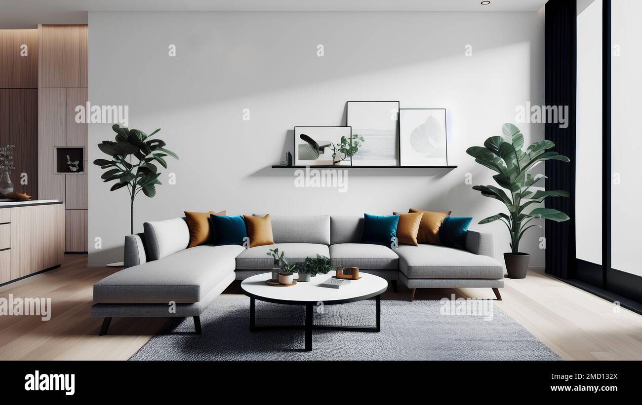 Big grey sofa in simple modern living room with product placement copy