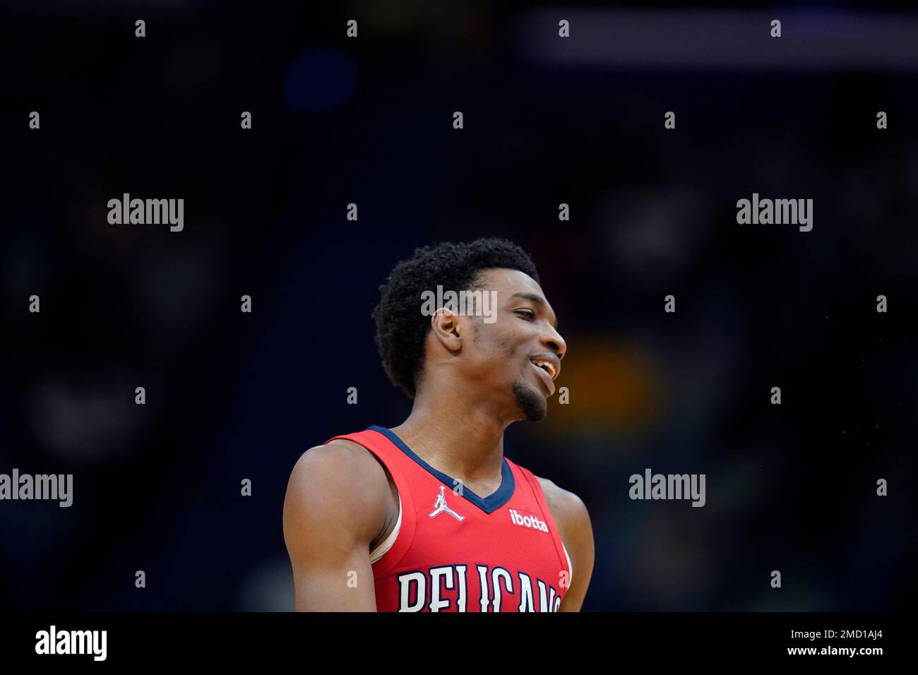 New Orleans Pelicans forward Herbert Jones reads after making a 3-point shot in the second half of an NBA basketball game against the Memphis Grizzlies in New Orleans, Saturday, Nov. 13, 2021. The Pelicans won 112-101. (AP Photo/Gerald Herbert) Stock Photo