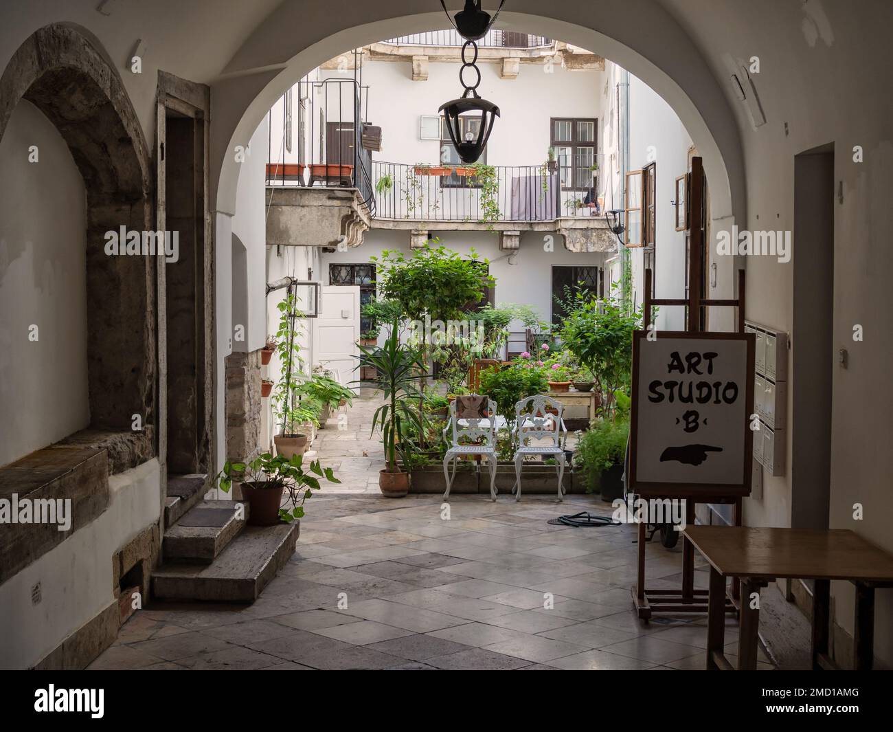 BUDAPEST, HUNGARY -  JULY 16, 2019:  Exterior view of pretty courtyard in central Budapest Stock Photo