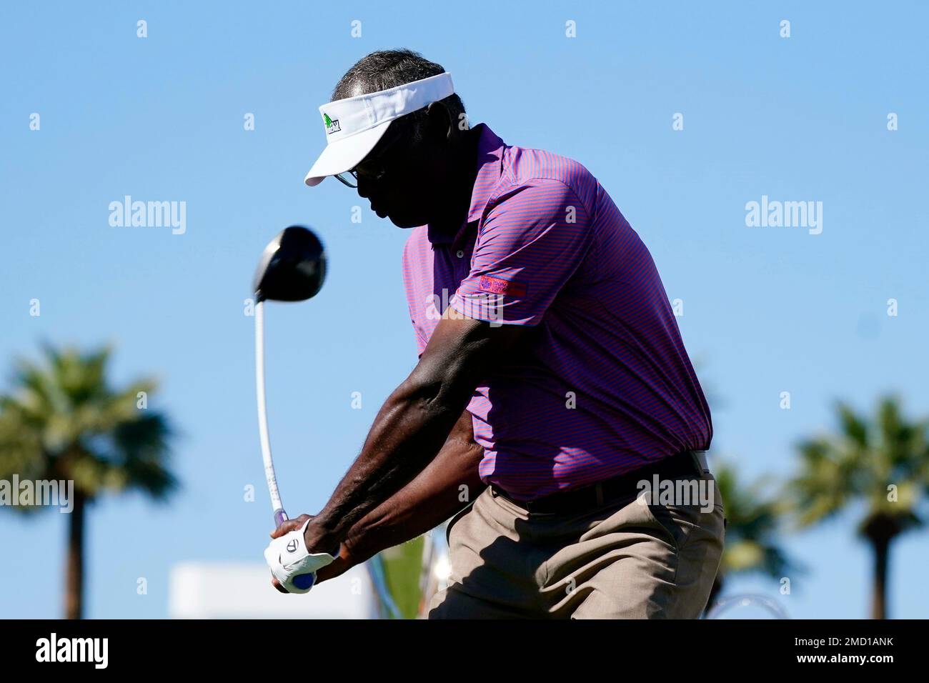 Vijay Singh, of Fiji, takes his swing at the first hole during the third  round of the Charles Schwab Cup Championship golf tournament Saturday, Nov.  13, 2021, in Phoenix. (AP Photo/Ross D.