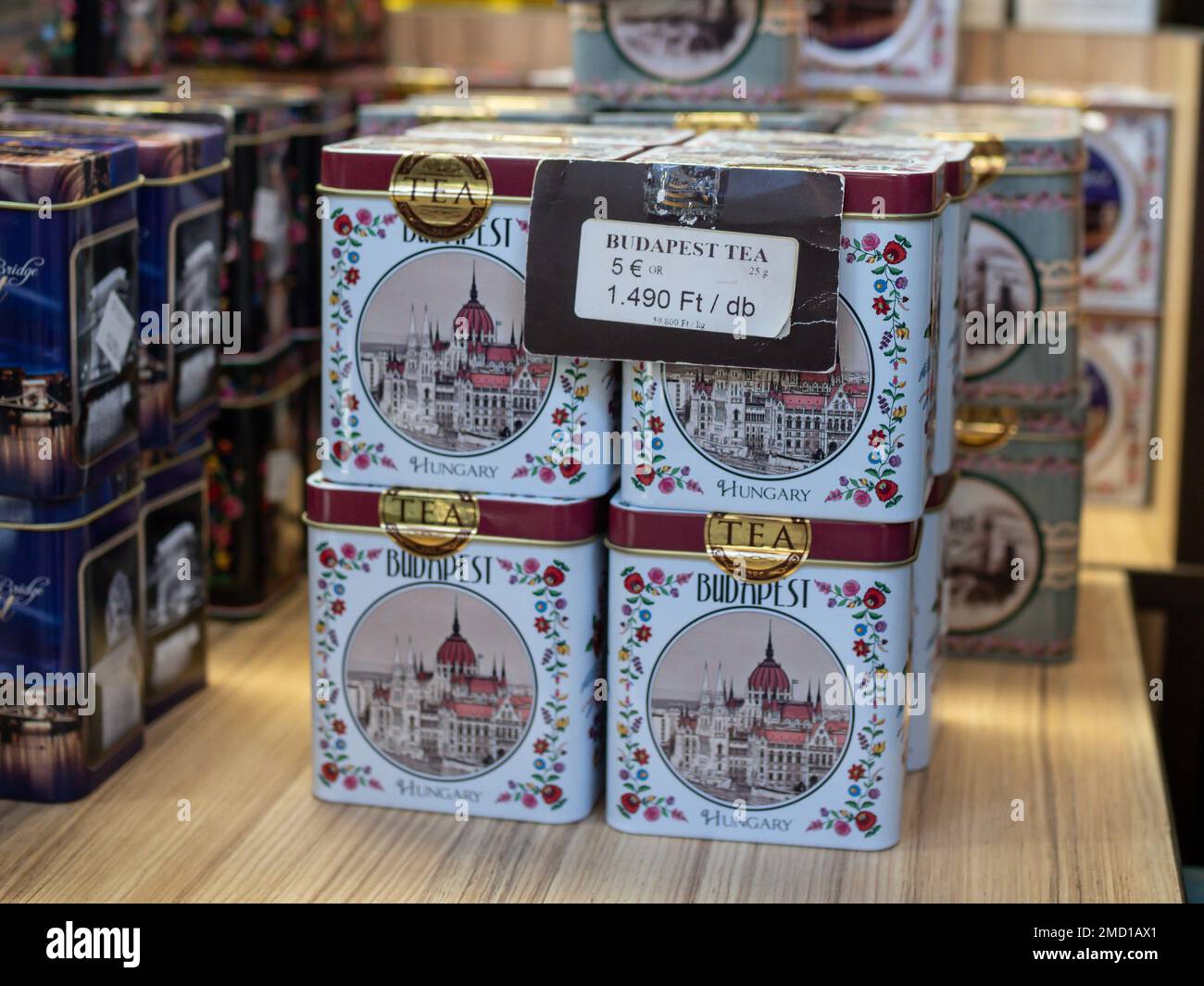 BUDAPEST, HUNGARY -  JULY 16, 2019:  Tins of tea in a souvenir gift shop with price label Stock Photo