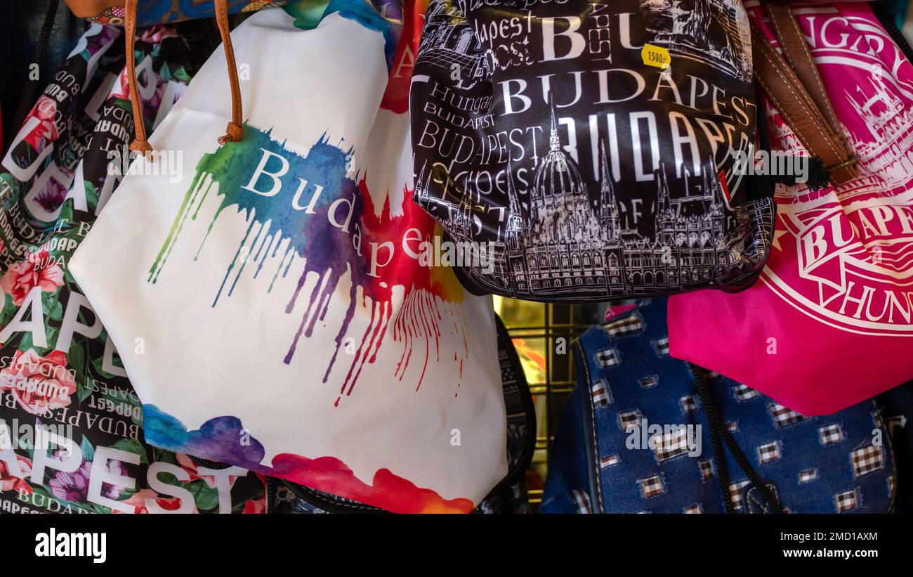 BUDAPEST, HUNGARY -  JULY 16, 2019:  Colourful souvenir bags for sale in a Gift shop Stock Photo