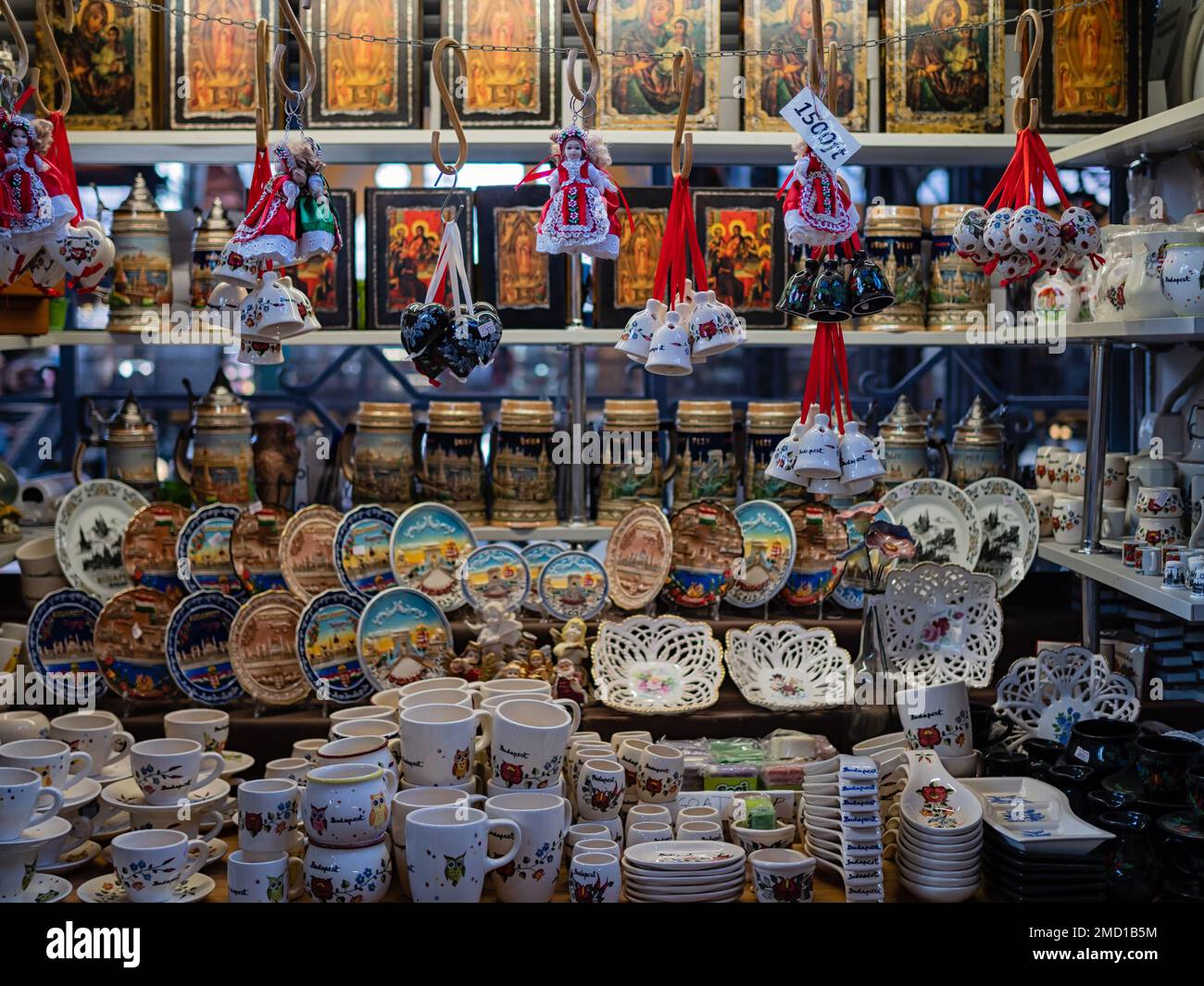 BUDAPEST, HUNGARY -  JULY 16, 2019:  Souvenirs for sale in a Gift shop Stock Photo