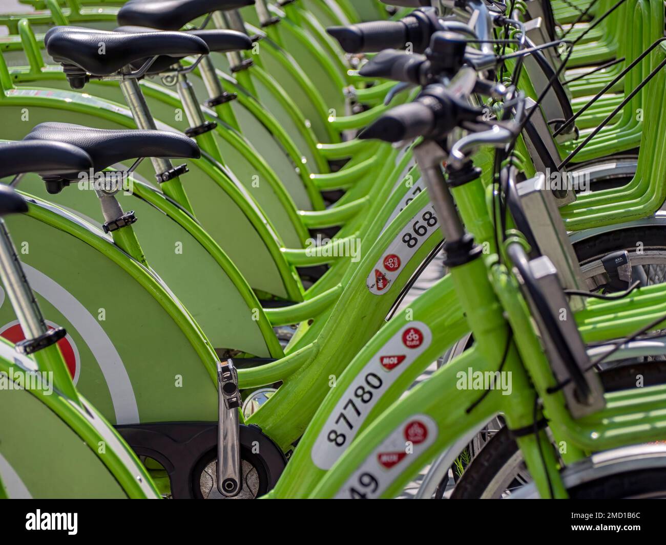 BUDAPEST, HUNGARY - JULY 16, 2019:  Green bikes at a Bubi Bike Sharing rental station Stock Photo