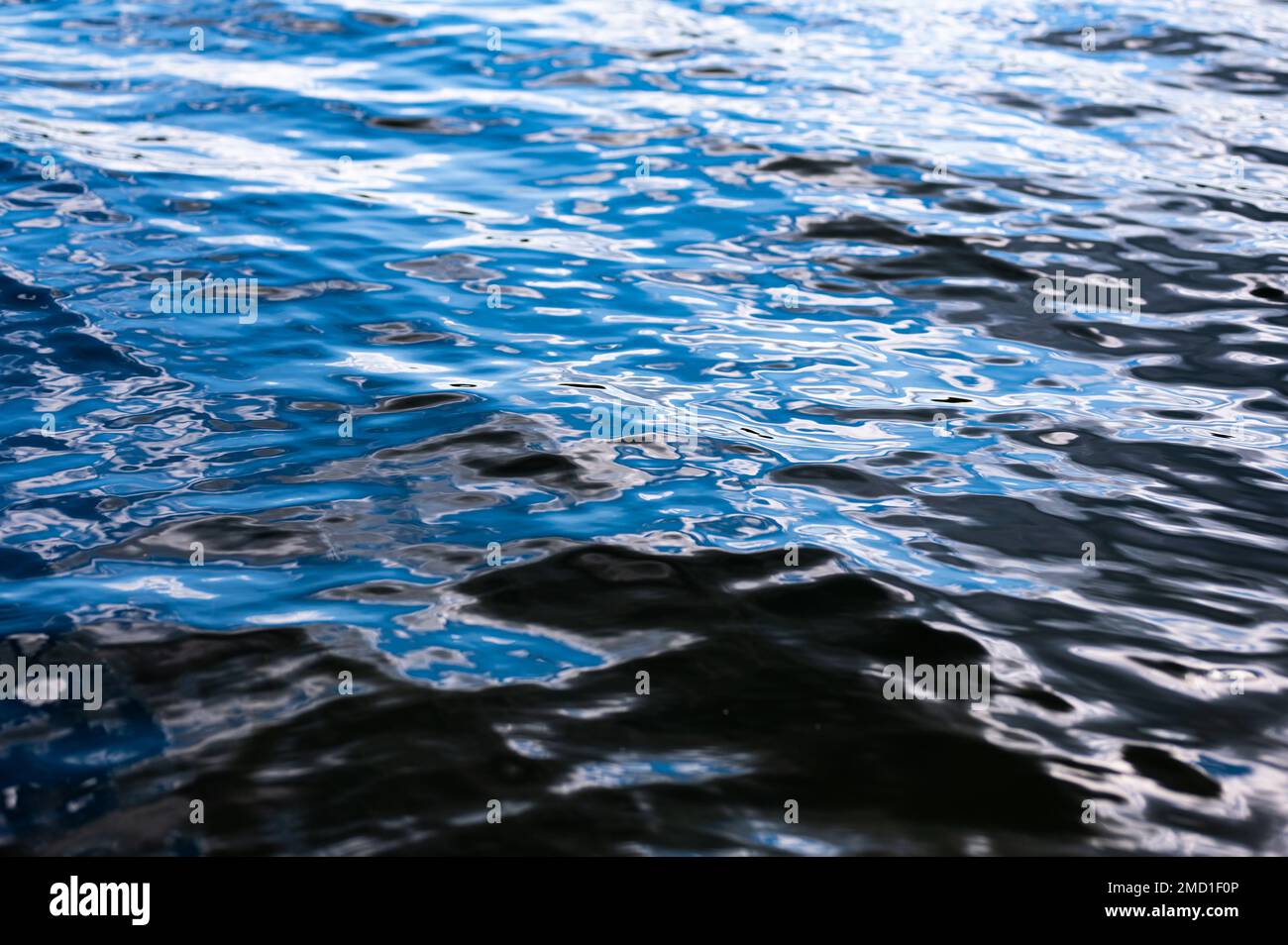 High shutter speed closeup shot of a wavy lake water flow. Deep blue ...