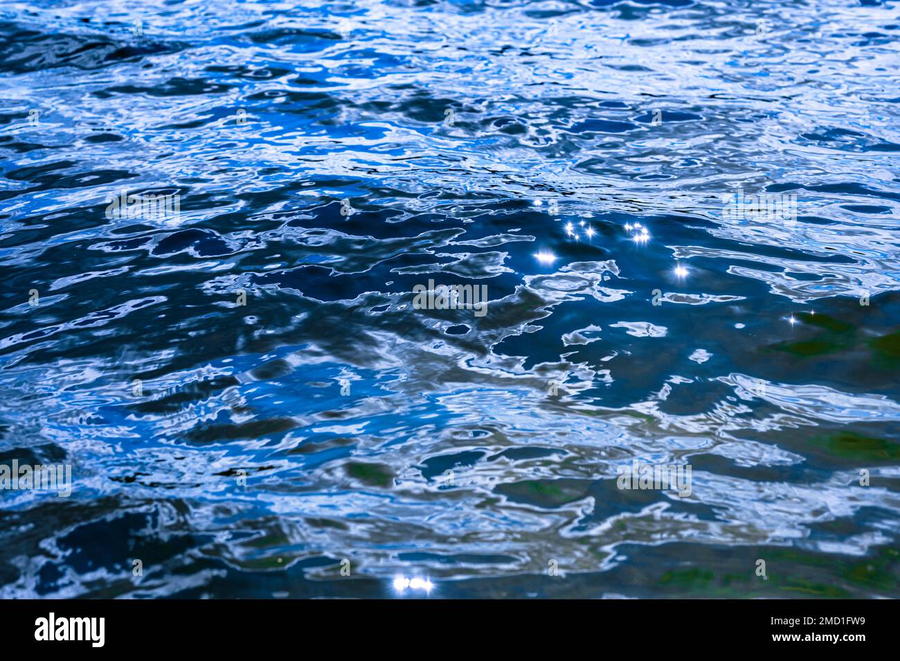 High shutter speed closeup shot of a wavy lake water flow. Deep blue ...