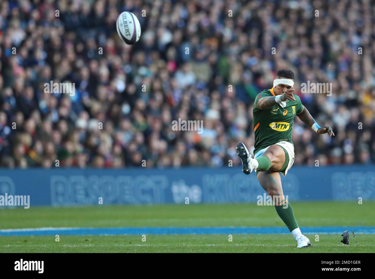 South Africa's Elton Jantjies kicks a penalty during the rugby union  international match between Scotland and South Africa at the Murrayfield  stadium in Edinburgh, Scotland, Saturday, Nov. 13, 2021. (AP Photo/Scott  Heppell