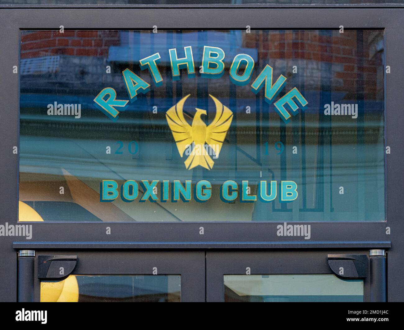 Rathbone Boxing Club gym on Rathbone St, Fitzrovia, London. Boxing Gym opened in 2019, home to the Rathbone Amateur Boxing Club Stock Photo