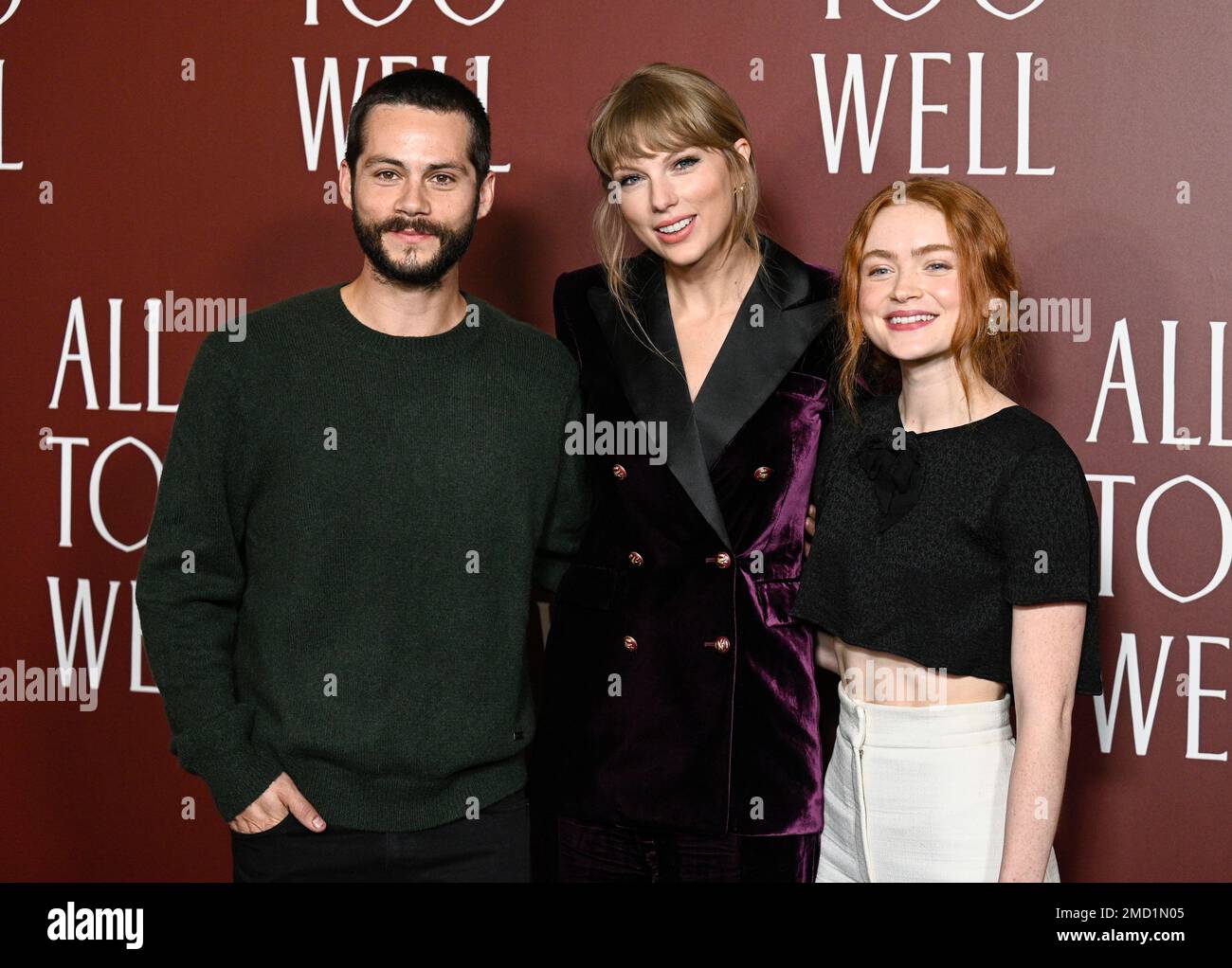 Actor Dylan O'Brien, left, writerdirector Taylor Swift and actor Sadie Sink pose together at a