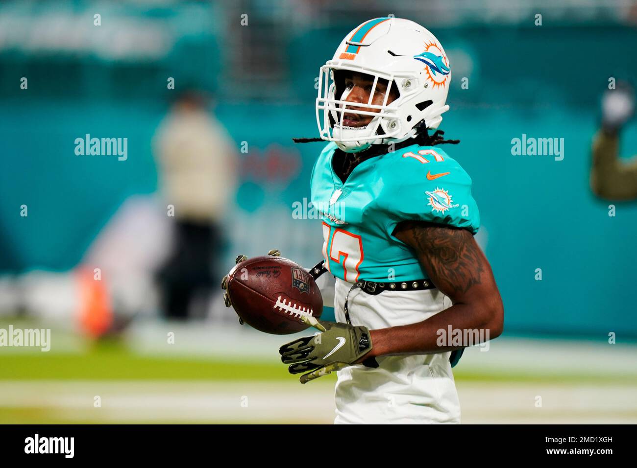 Miami Dolphins' Jaylen Waddle celebrates scoring a touchdown with  team-mates during the match which is part of the NFL London Games at  Tottenham Hotspur Stadium, London. Picture date: Sunday October 17, 2021