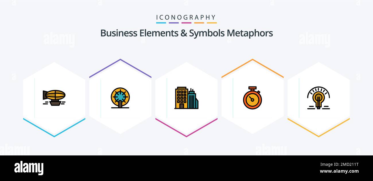 Business Elements And Symbols Metaphors 25 FilledLine icon pack including time. stopwatch. ship. timmer. tower Stock Vector