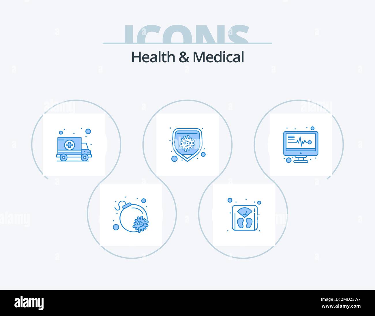 Health And Medical Blue Icon Pack 5 Icon Design. reports. medical electronics. car. virus. bacteria Stock Vector
