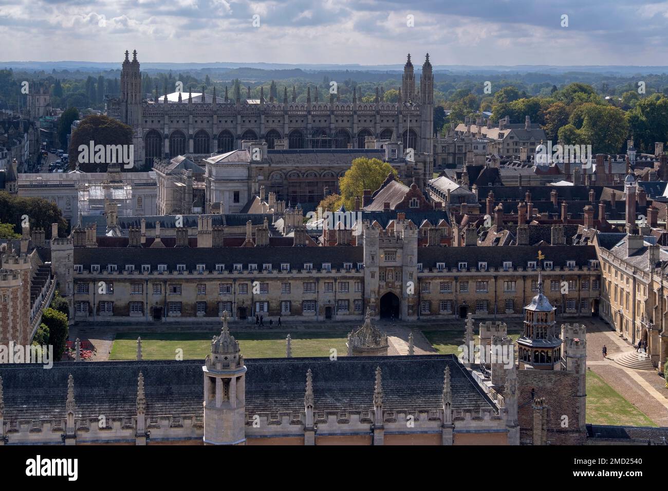 Elevated view across Trinity College towards Kings College Chapel, University of Cambridge, Cambridge, Cambridgeshire, England, UK Stock Photo