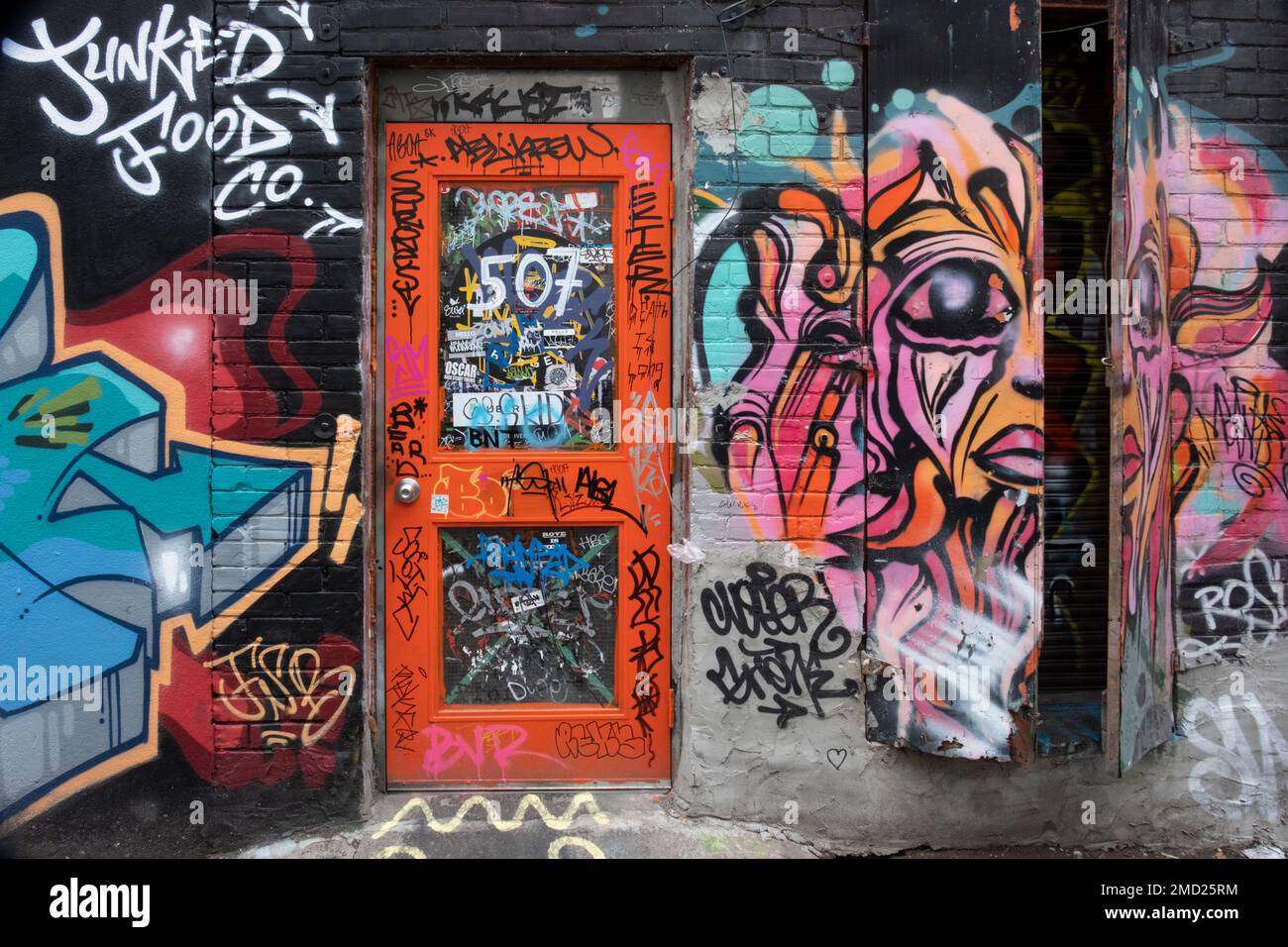 Heavily Graffitied Area in Toronto’s Infamous Graffiti Alley ,The Fashion District, Toronto, Ontario, Canada Stock Photo