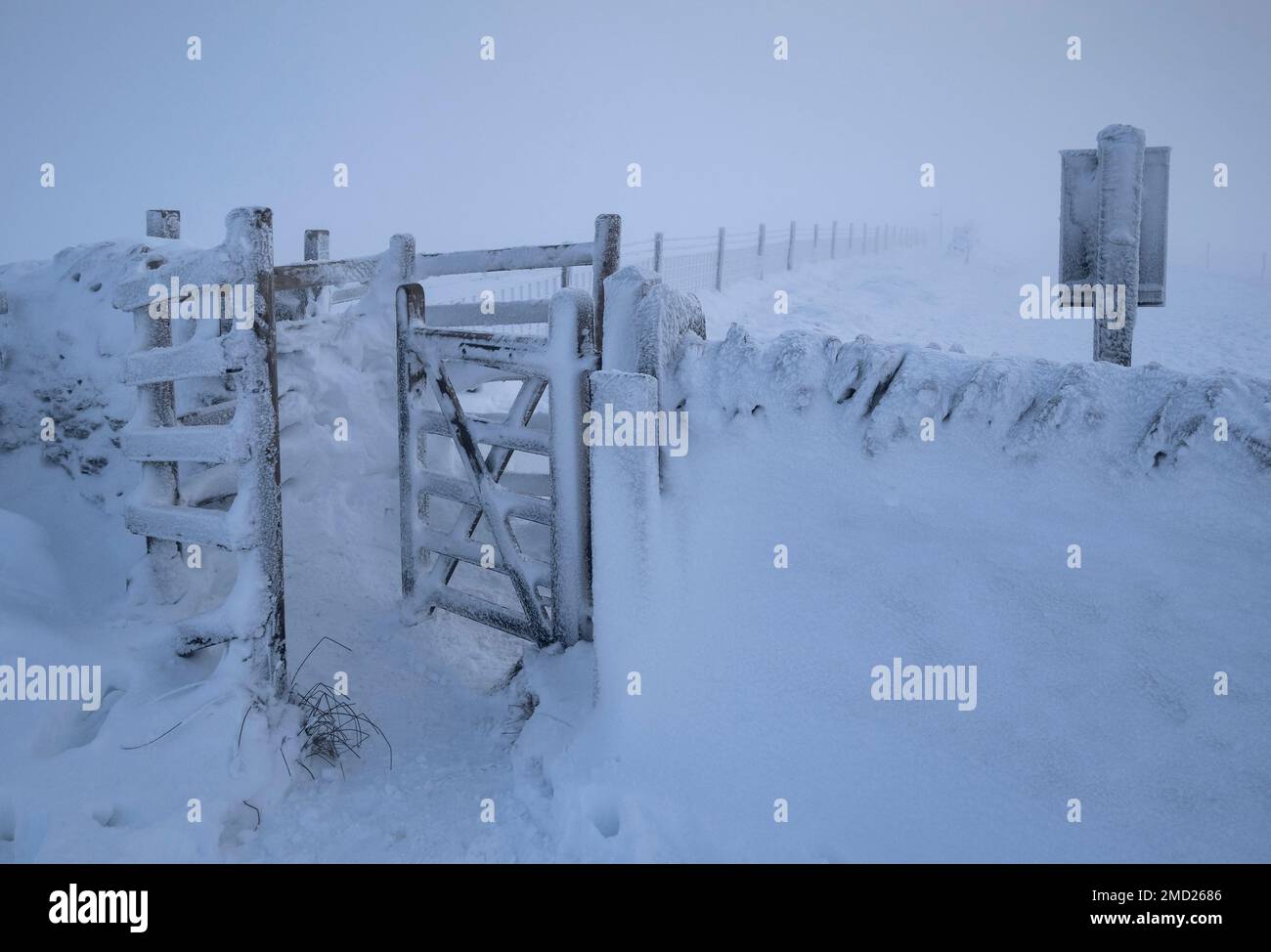 White Out Freezing Conditions on Kissing Gate, Trail to Shining Tor, Cheshire, Peak District National Park, England, UK Stock Photo