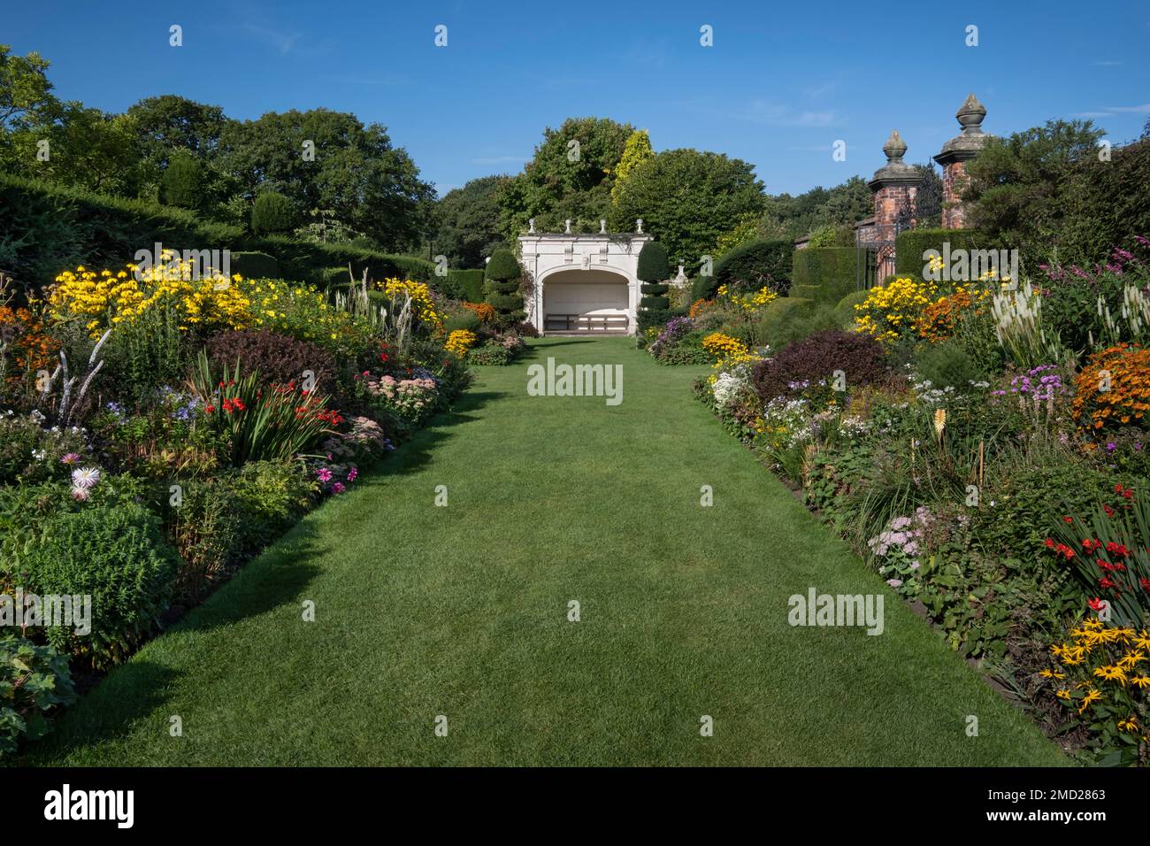 The Double Herbaceous Borders in summer, Arley Hall & Gardens, Arley, Cheshire, England, UK Stock Photo