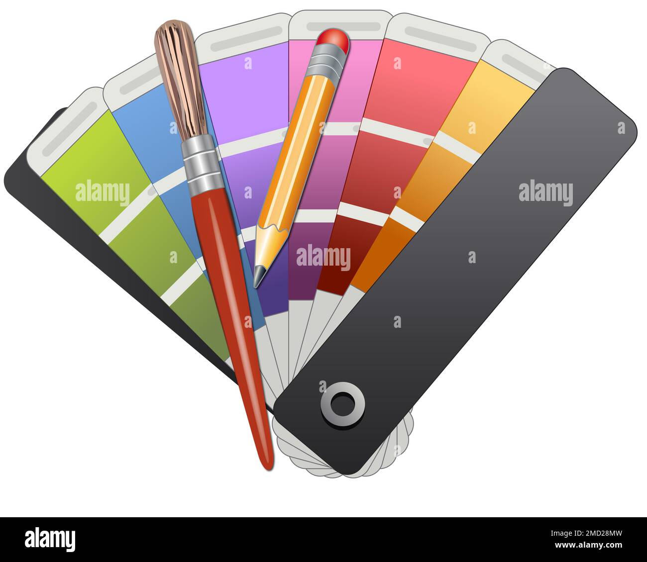 Color fan deck sampler with vivid color laying spread on white surface