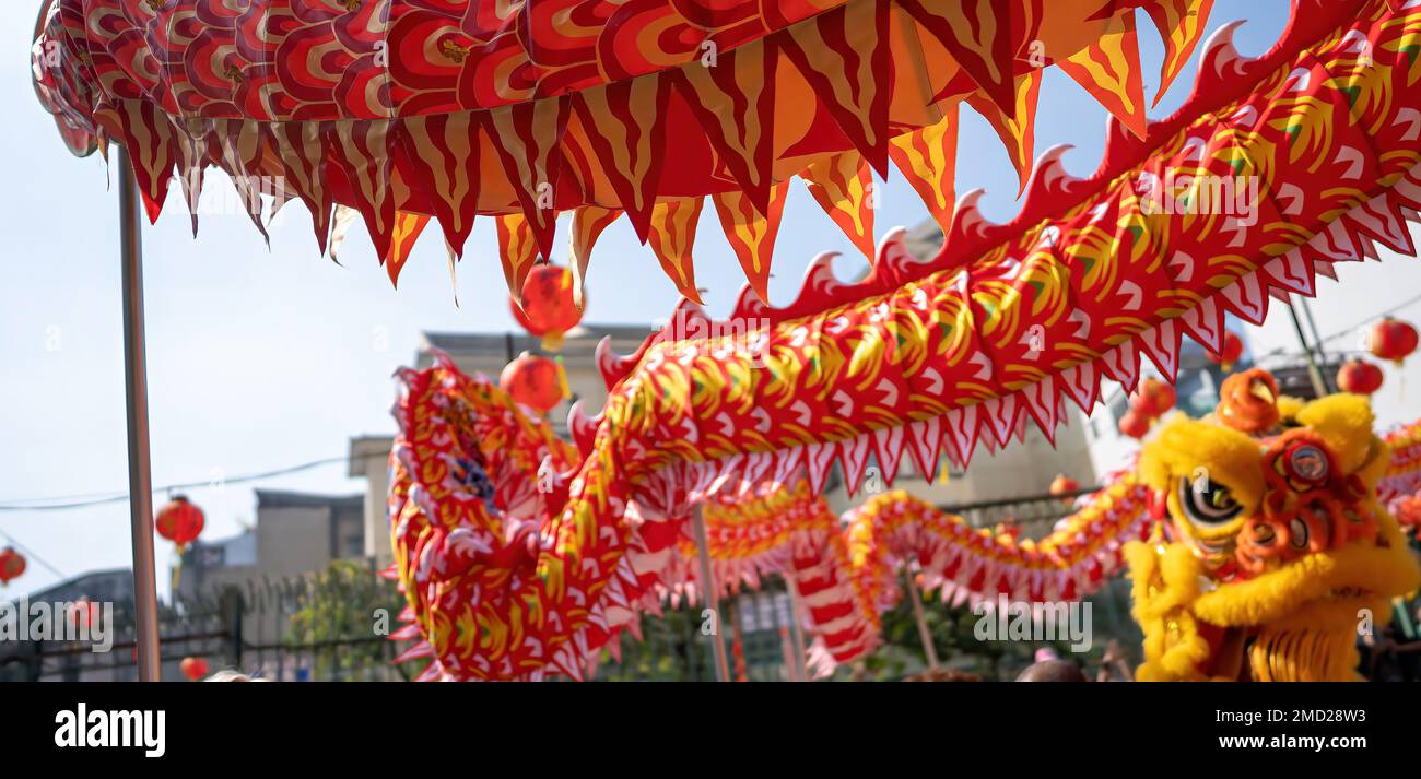 Dragon and lion dance show in chinese new year festival (Tet festival ), lion Dance - dragon and lion dance street performances in Vietnam. Holidays a Stock Photo