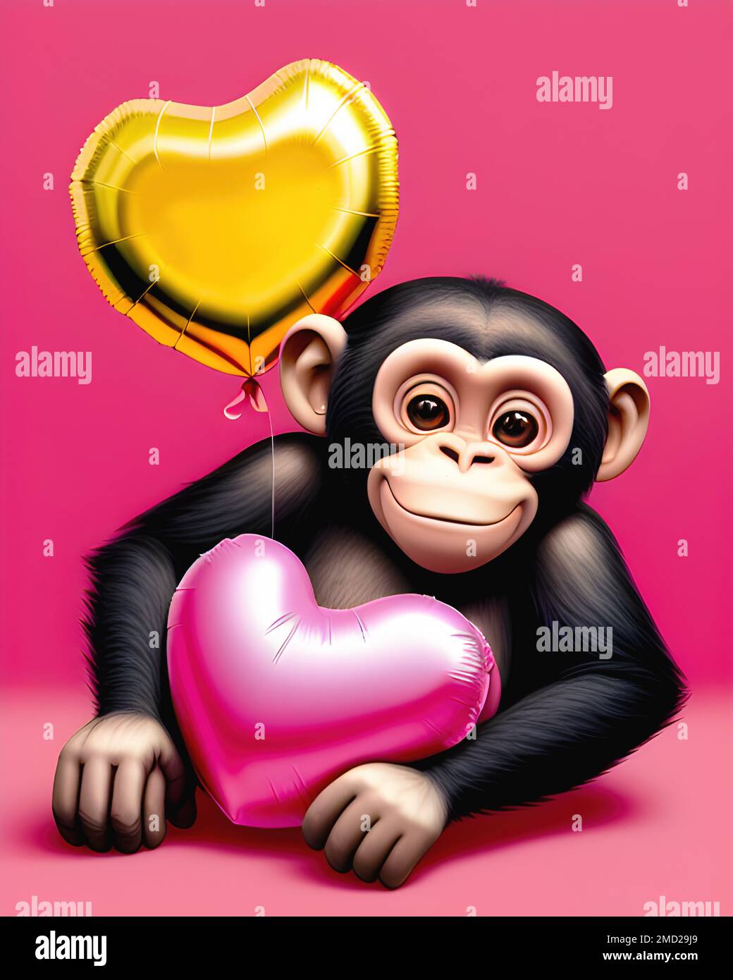 Chimpanzee monkey with heart shaped balloon for Valentines day holiday, generative ai illustration Stock Photo