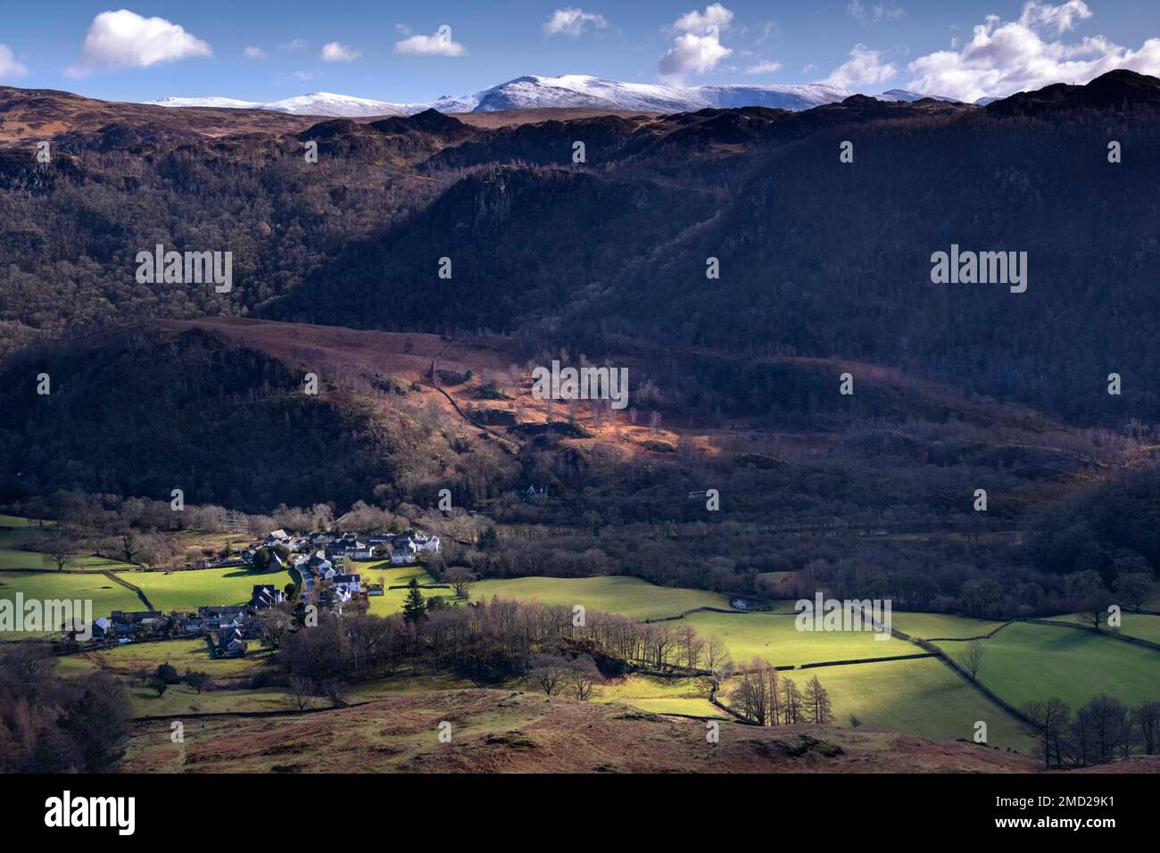 Village of Grange and the Borrowdale Valley backed by the Watendlath Fells and Helvellyn Range, Lake District National Park, Cumbria, England, UK Stock Photo