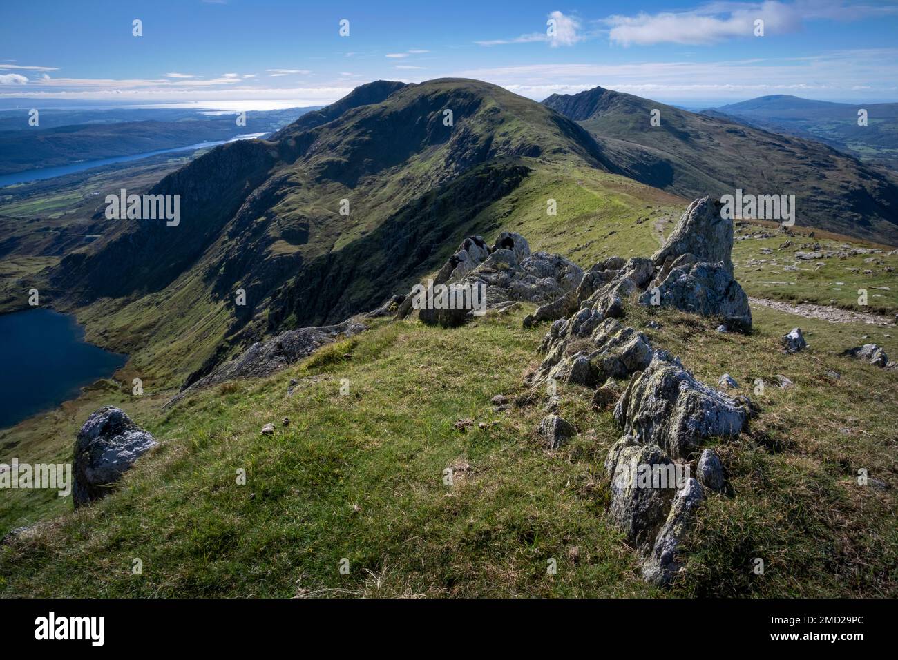 The Old Man of Coniston, Levers Water and Coniston Water from Little How Crags, Coniston Fells, Lake District National Park, Cumbria, England, UK Stock Photo