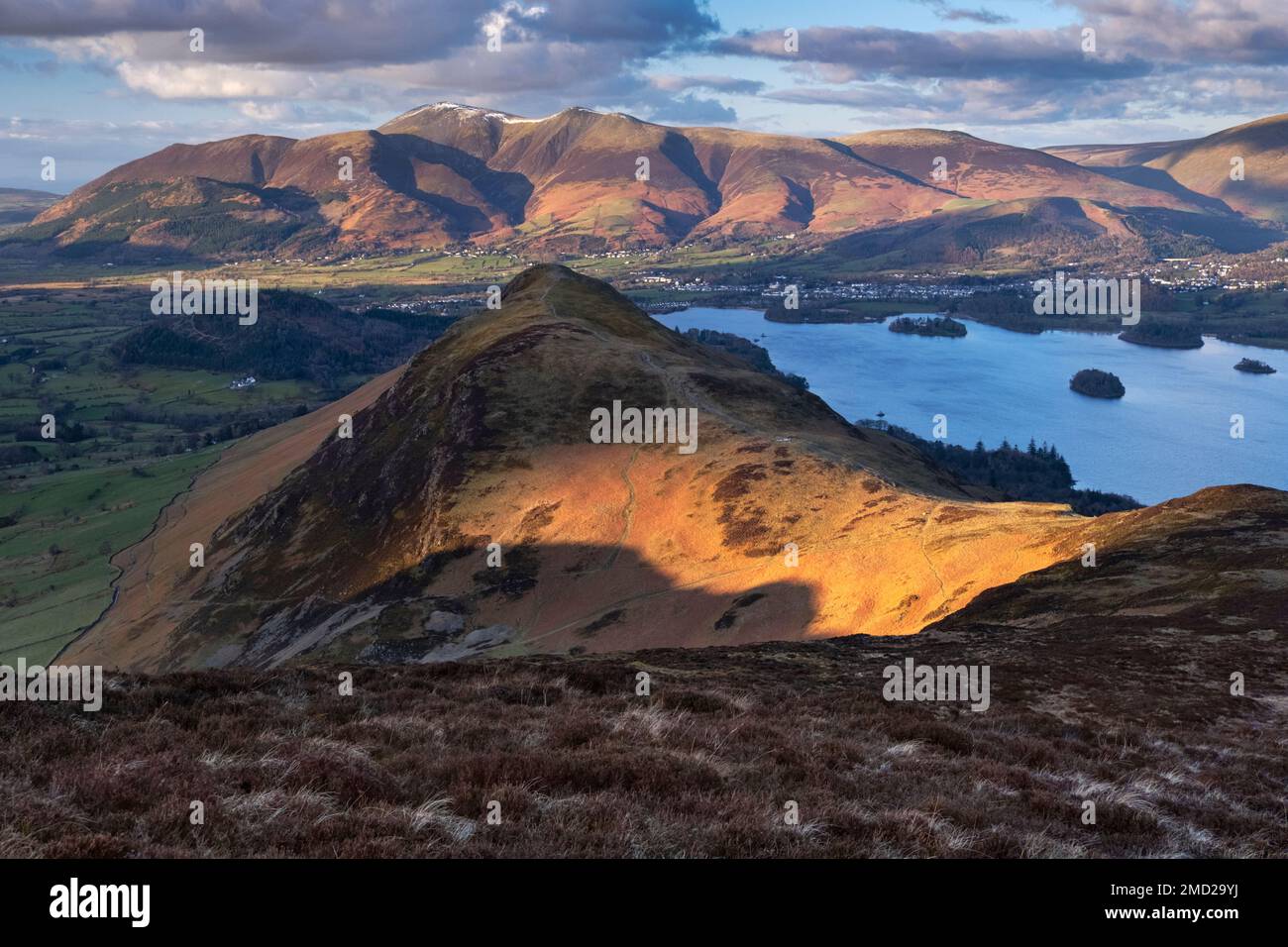 Cat Bells, Derwent Water and the Skiddaw Range from Maiden Moor, Derwent Fells, Lake District National Park, Cumbria, England, UK Stock Photo