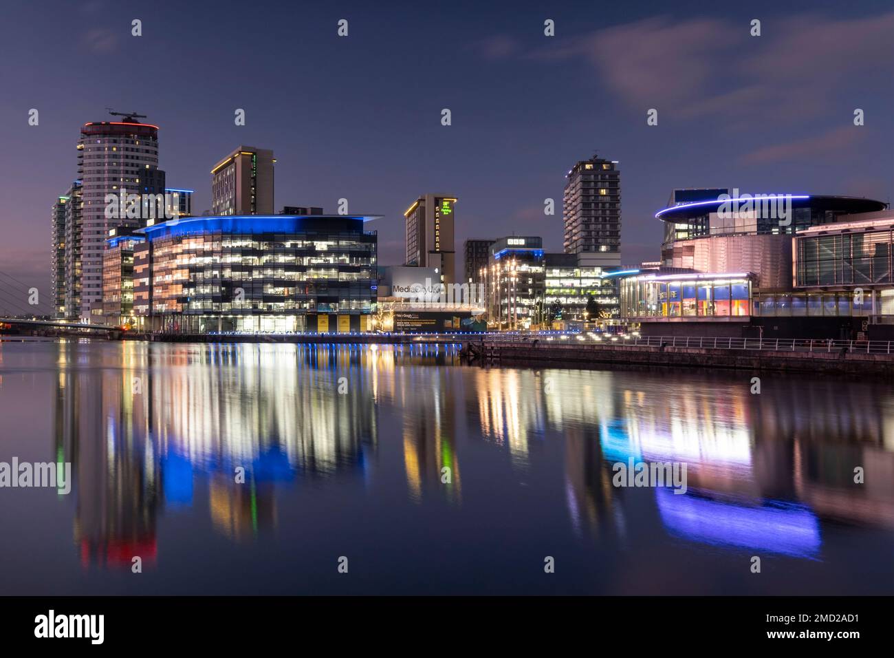 MediaCityUK & The Lowry Centre at night, Salford Quays, Salford, Manchester, England, UK Stock Photo