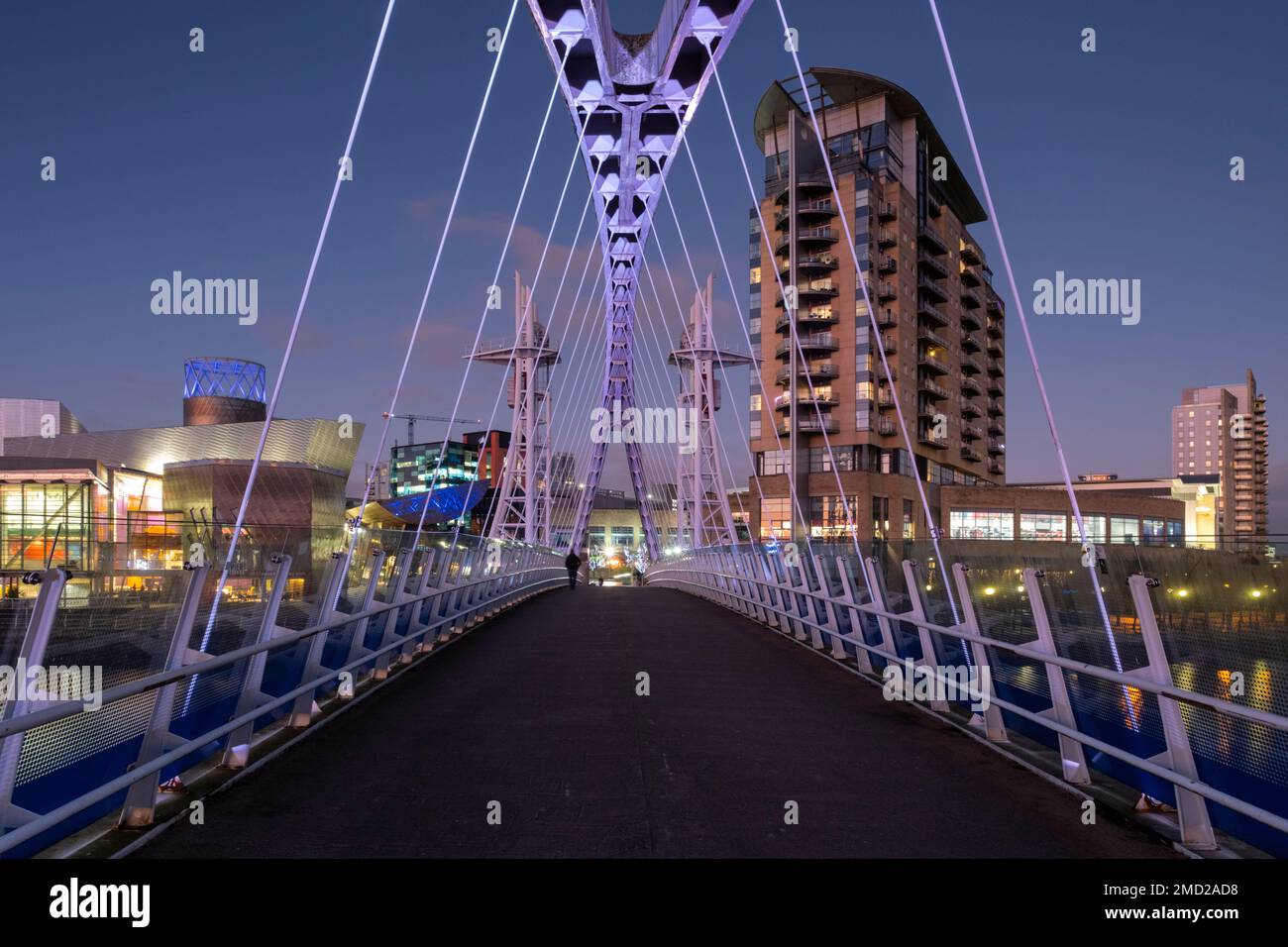 The Lowry Footbridge at night, Salford Quays, Salford, Manchester, England, UK Stock Photo