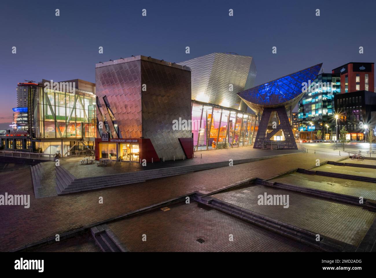The Lowry Centre at night, Salford Quays, Salford, Manchester, England, UK Stock Photo