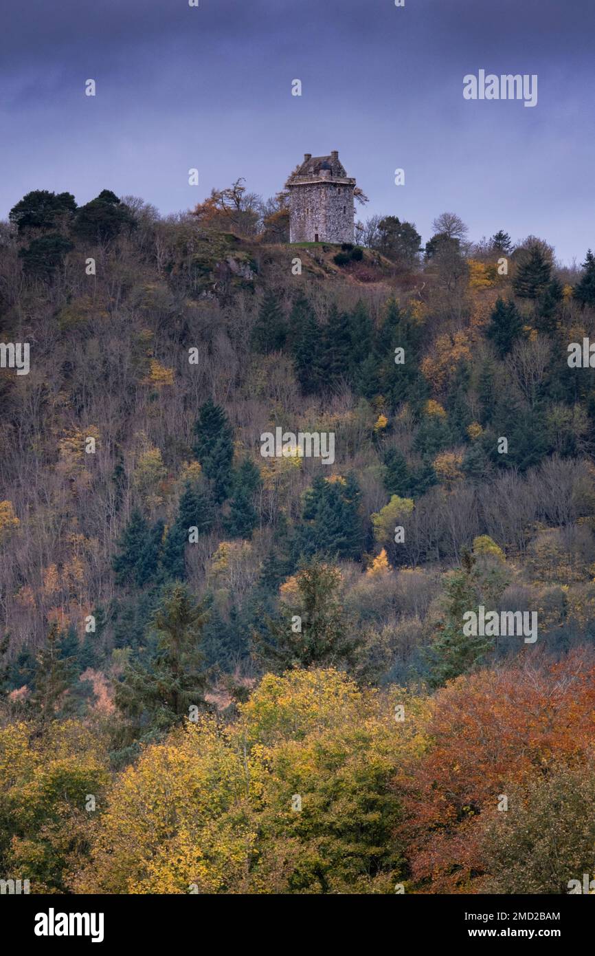 Fatlips Castle set upon Minto Crags in autumn, near Denholm, Teviotdale