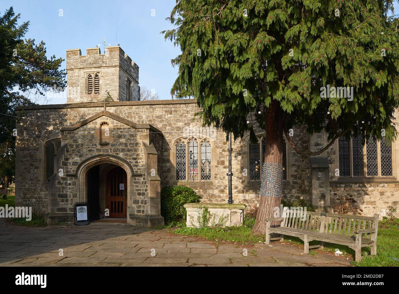 The exterior and entrance of St Mary-at-Finchley church, North London UK, with 15th century tower Stock Photo