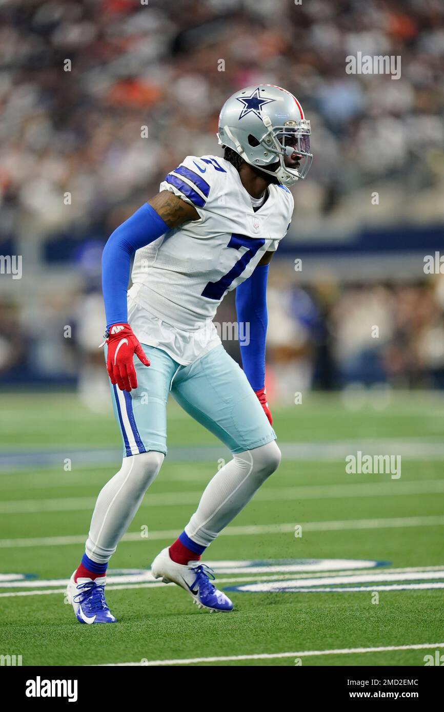 Dallas Cowboys defensive back Trevon Diggs (7) looks to defend during an  NFL football game against the New York Giants on Thursday, November 24,  2022, in Arlington, Texas. (AP Photo/Matt Patterson Stock