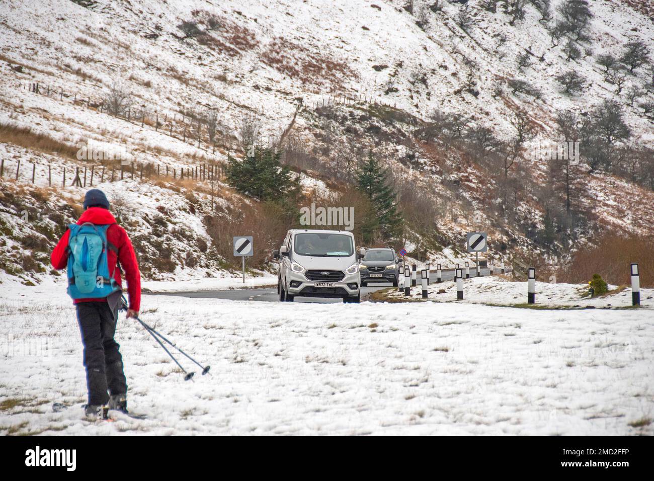 Brecon, UK. 22nd Jan, 2023. A skier makes his way in the snow near