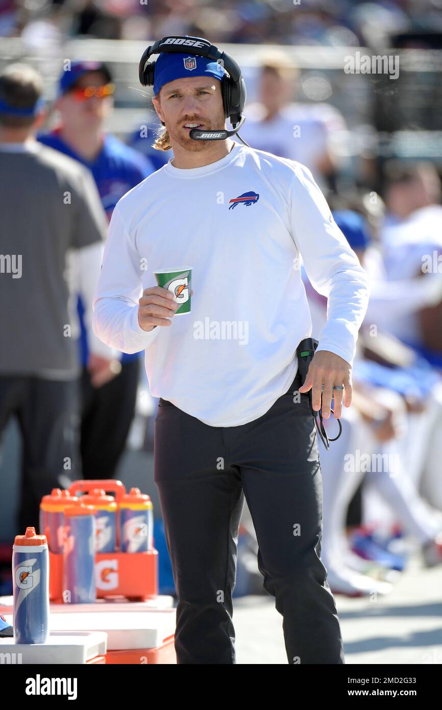 Buffalo Bills wide receivers coach Chad Hall works along the sideline  during the first half of an NFL football game against the Jacksonville  Jaguars, Sunday, Nov. 7, 2021, in Jacksonville, Fla. (AP