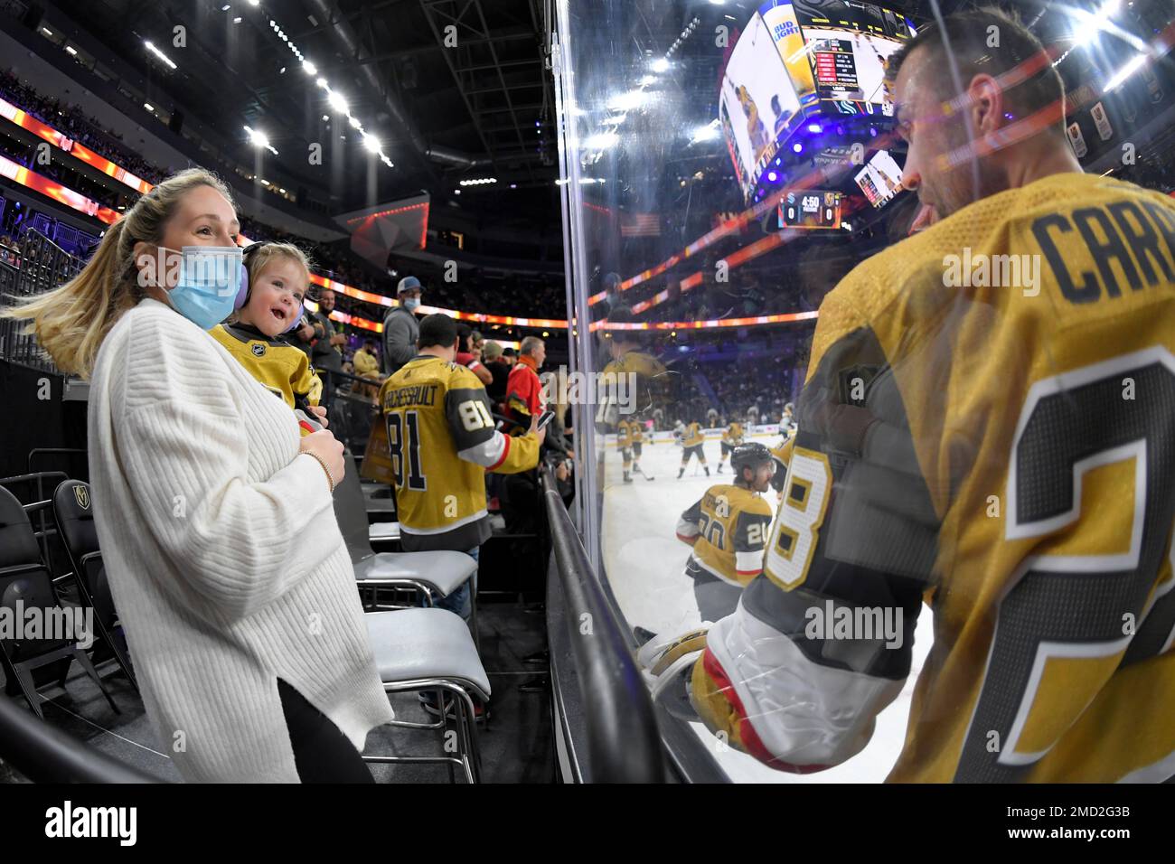 Vegas Golden Knights left wing William Carrier (28) sticks his tongue