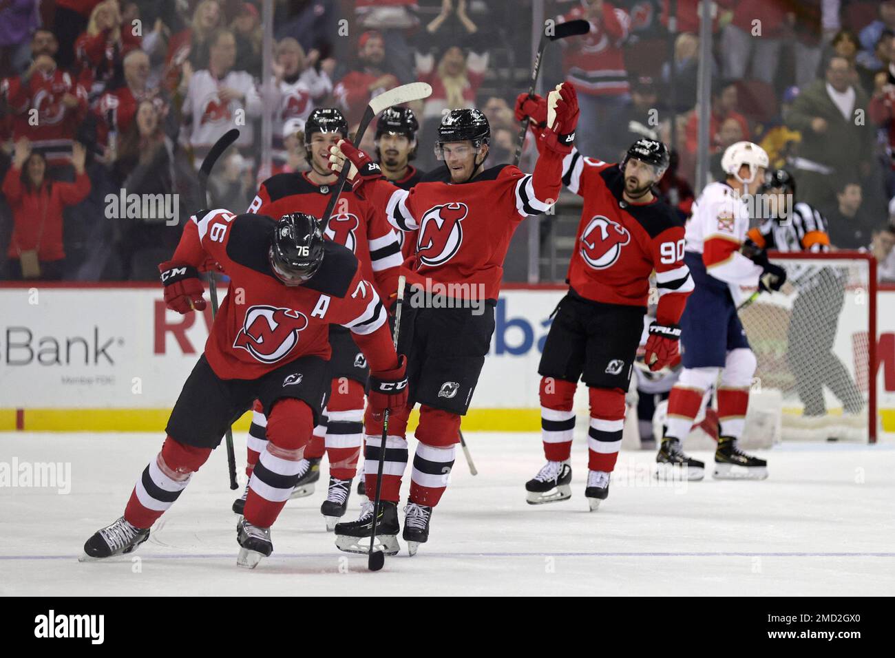Pittsburgh, United States. 30th Oct, 2021. New Jersey Devils defenseman  P.K. Subban (76) joins the rest of the Devils celebrating the third period  goal and his assist against the Pittsburgh Penguins at